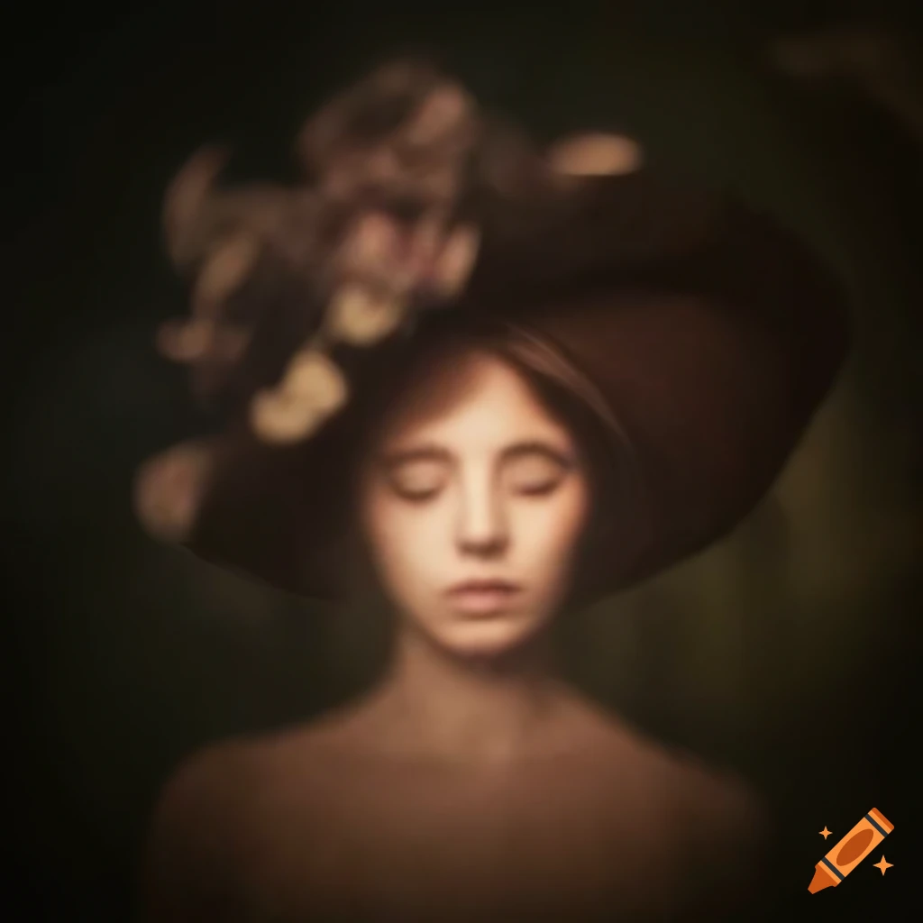 Portrait of a woman with closed eyes in a misty floral hat on Craiyon