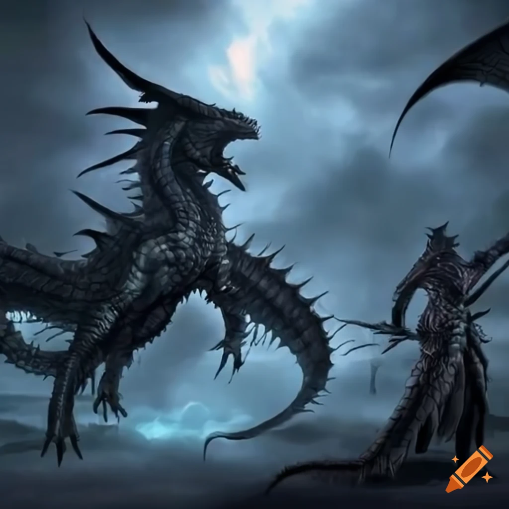 Dark Lord teaching black fantasy dragons to soar under stormy night sky