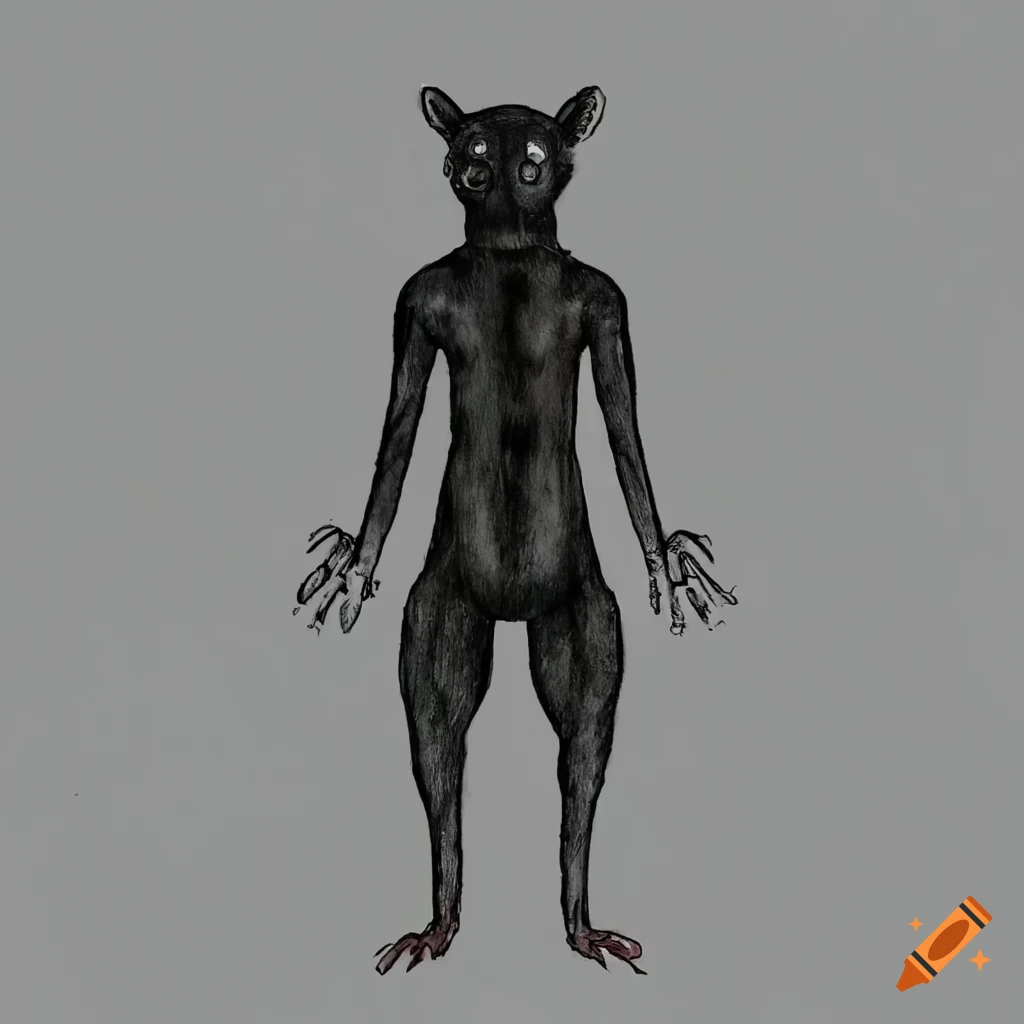 A mysterious rat-human hybrid with black fur and human hands in a watercolor and pen artwork