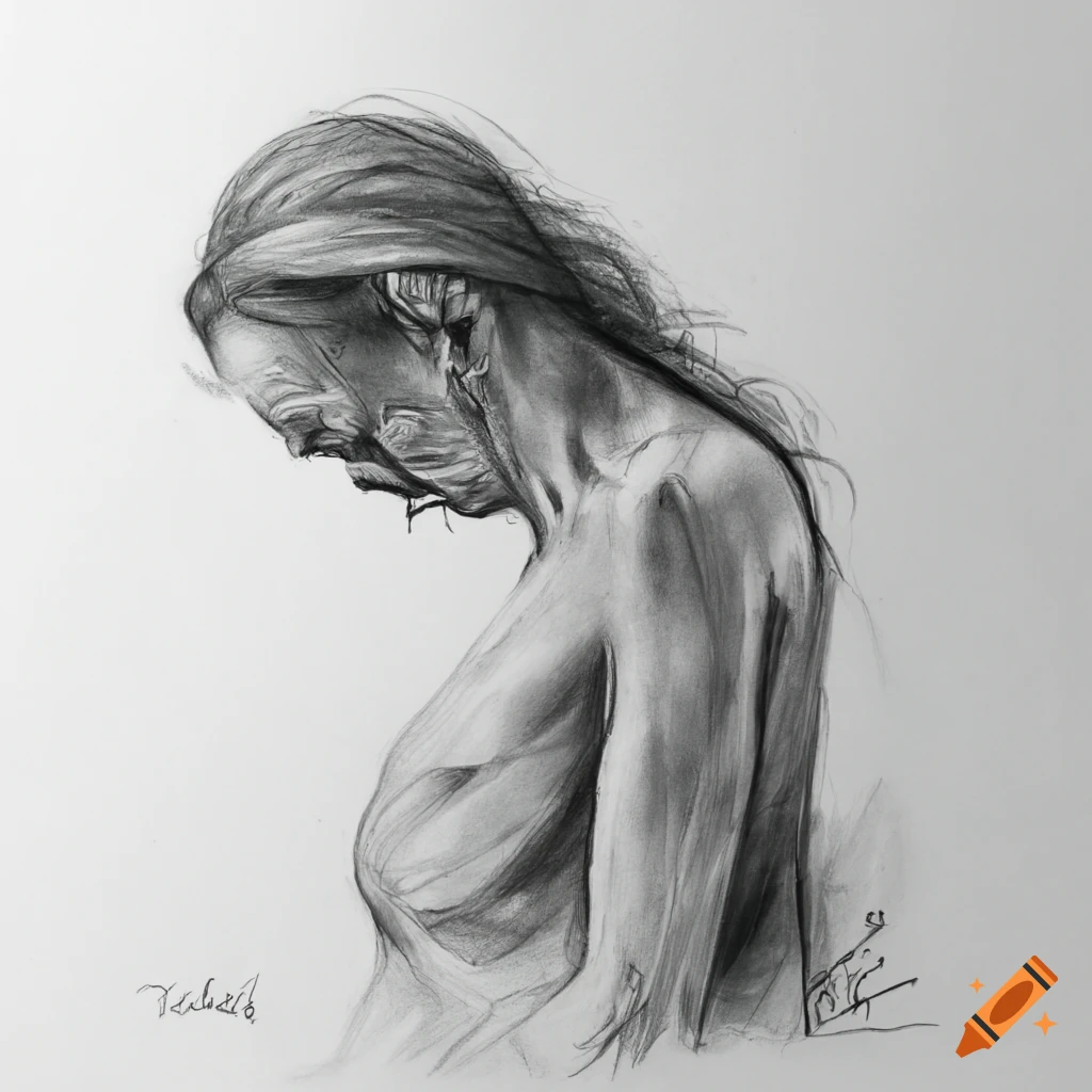 Sketch of a pained old woman standing alone