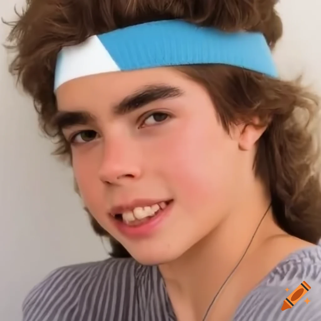 Cartoon of 80s boys with fluffy brown hair and blue headband