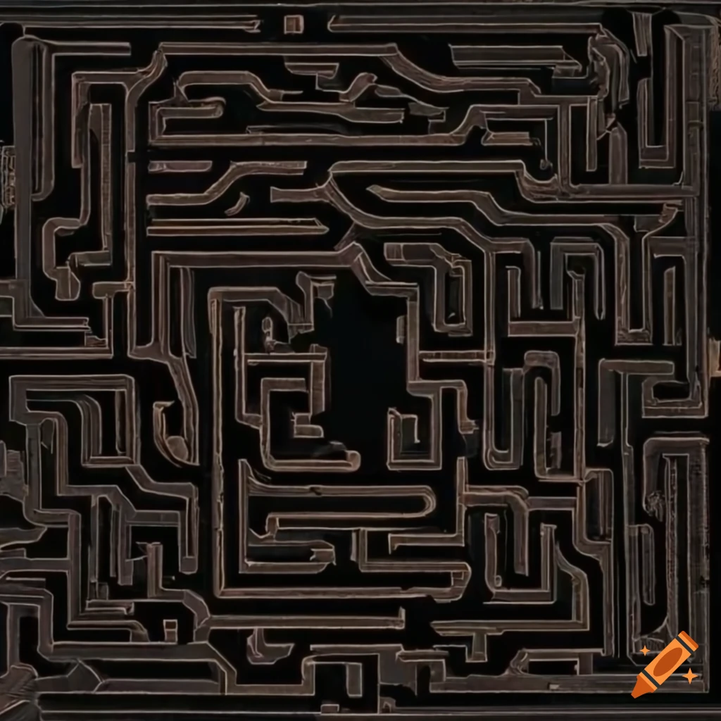 Aerial view of a crumbling maze leading into darkness