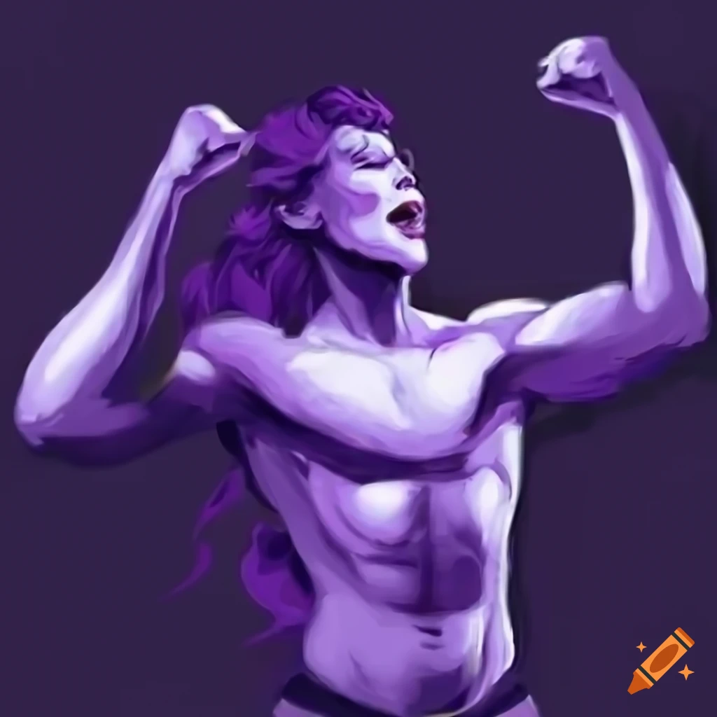Triumphant emote of a purple woman celebrating victory