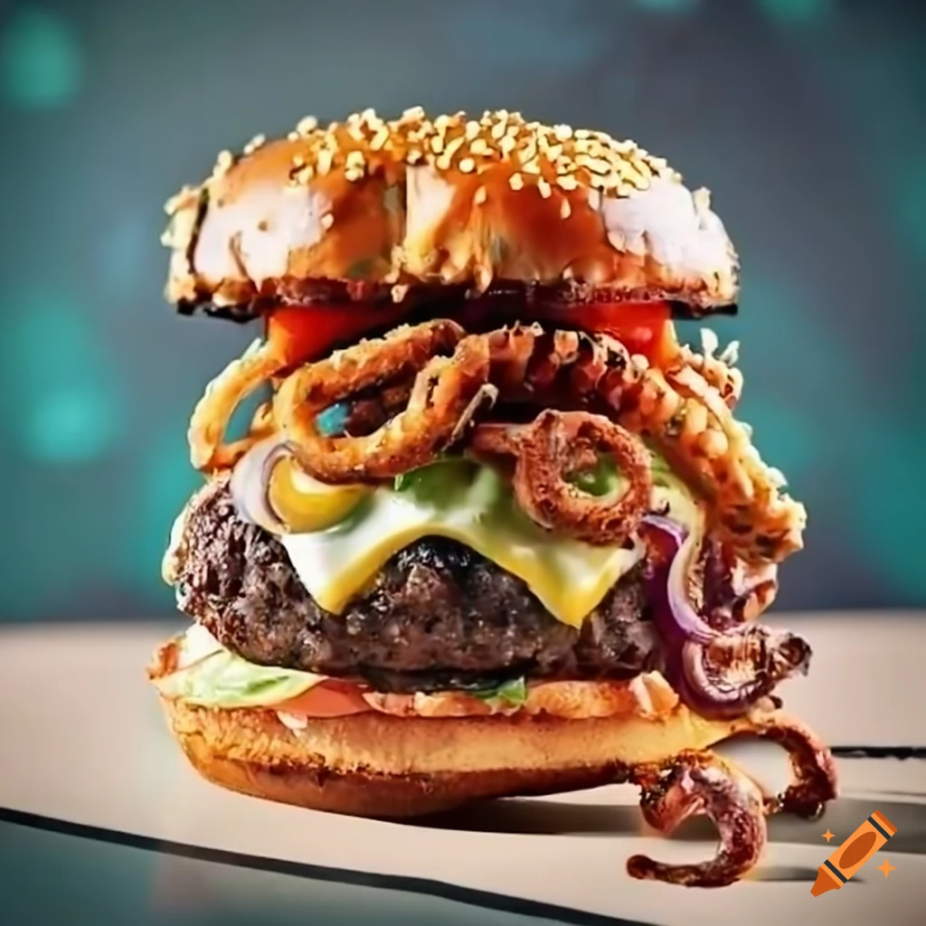 Carolina style burger with chili, topped with French fries, fried octopus onion rings, and leaking ice cream