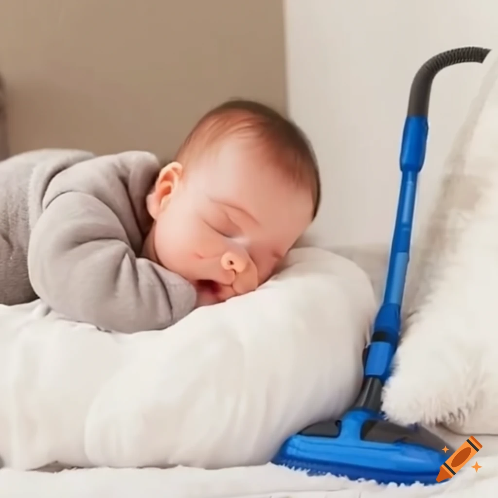 Cute baby sleeping near a vacuum cleaner on Craiyon