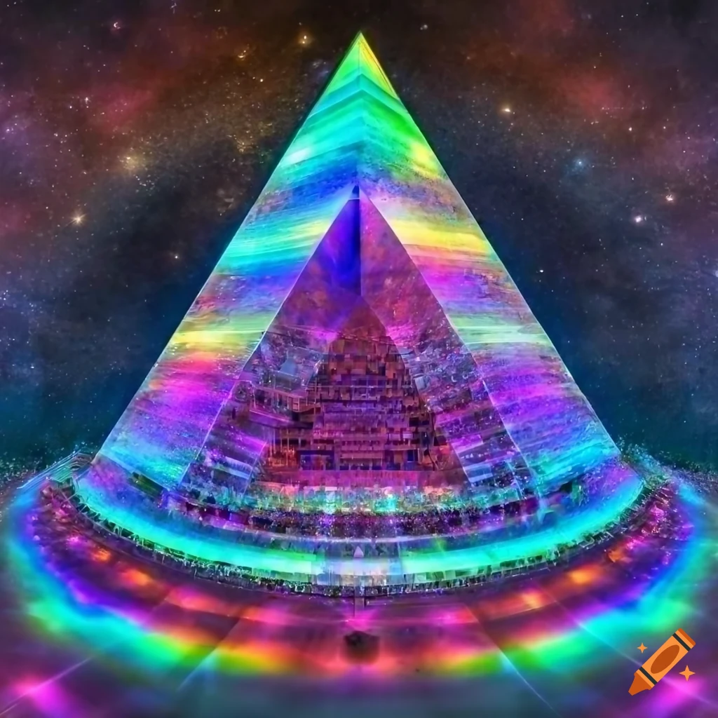 Fractal pyramid made of rainbow laser crystals with outer space gemstones backdrop