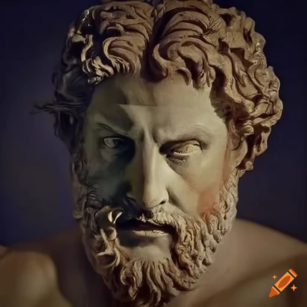 Zeus feeling the piercing of Eros' arrow in a cinematic and ancient setting
