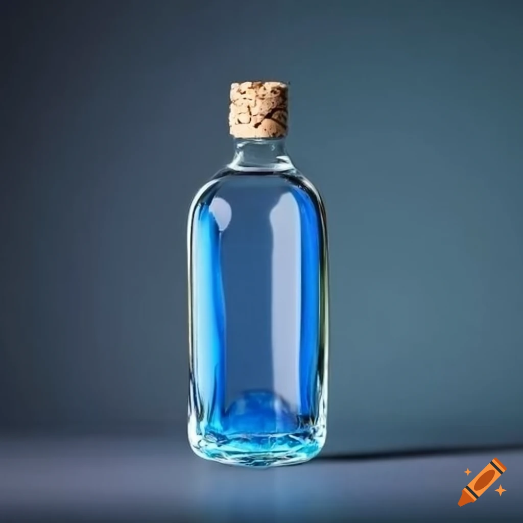 Small crystal bottle with blue liquid and wine cork lid on Craiyon