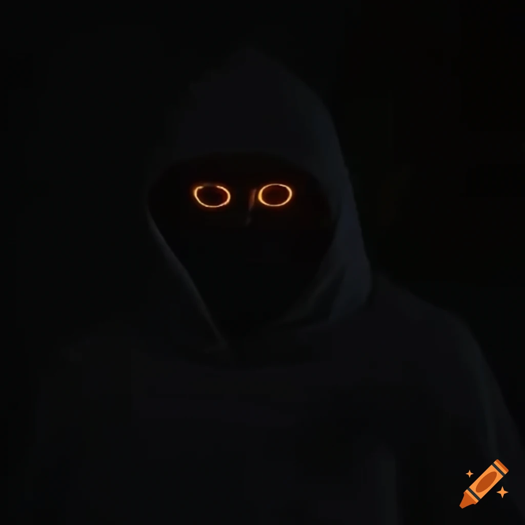 Hooded figure with glowing yellow eyes smiling in dark shadows on Craiyon