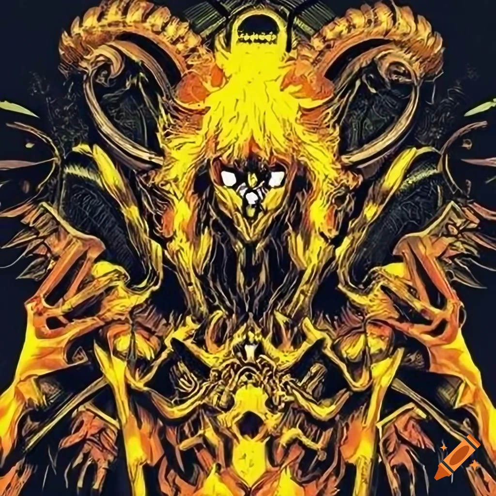 Neon orange and yellow demonic baphomet with wings and a beautiful male face in a fantasy setting