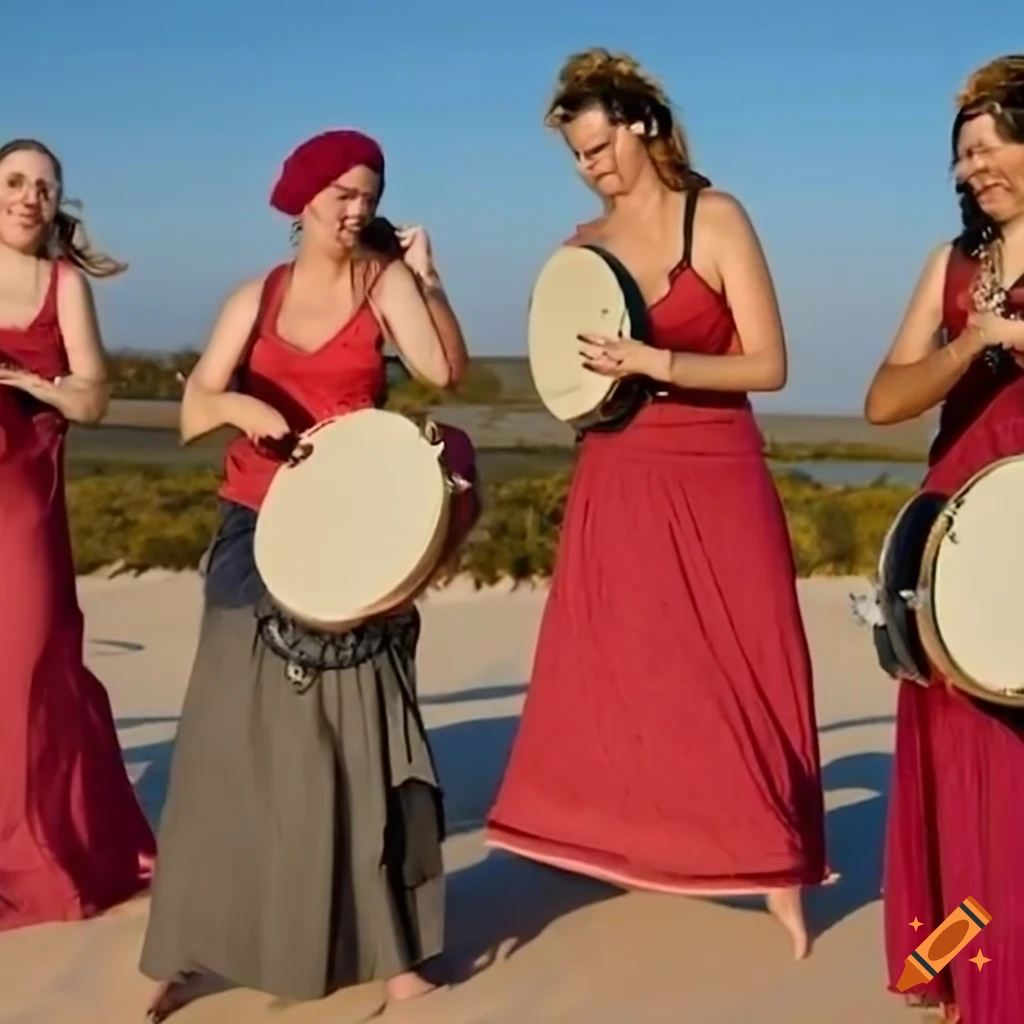Mediterranean women playing tambourines amid sand dunes on Craiyon