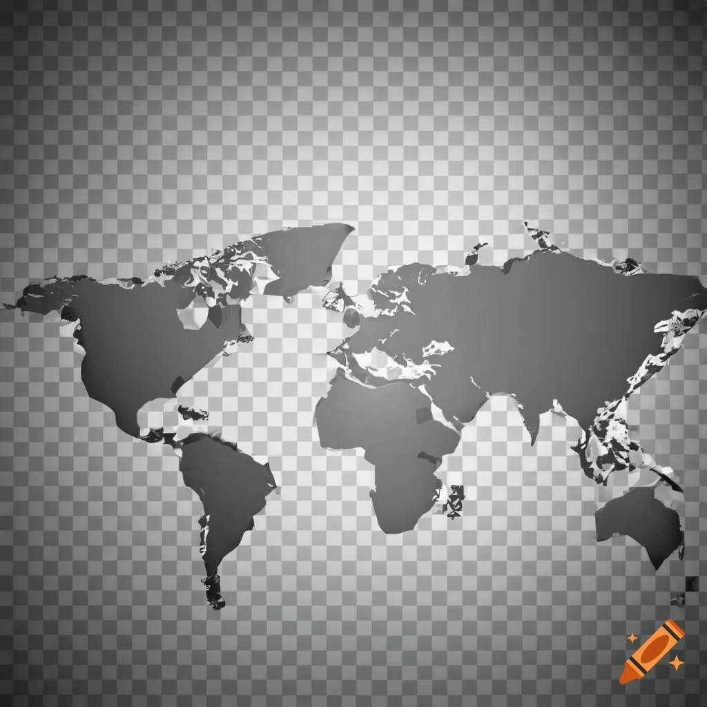 Black and white world map with transparent background