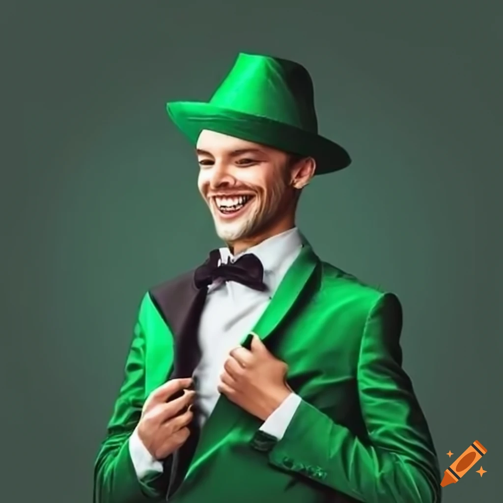 Smiling man in bright green suit and trilby hat with feather