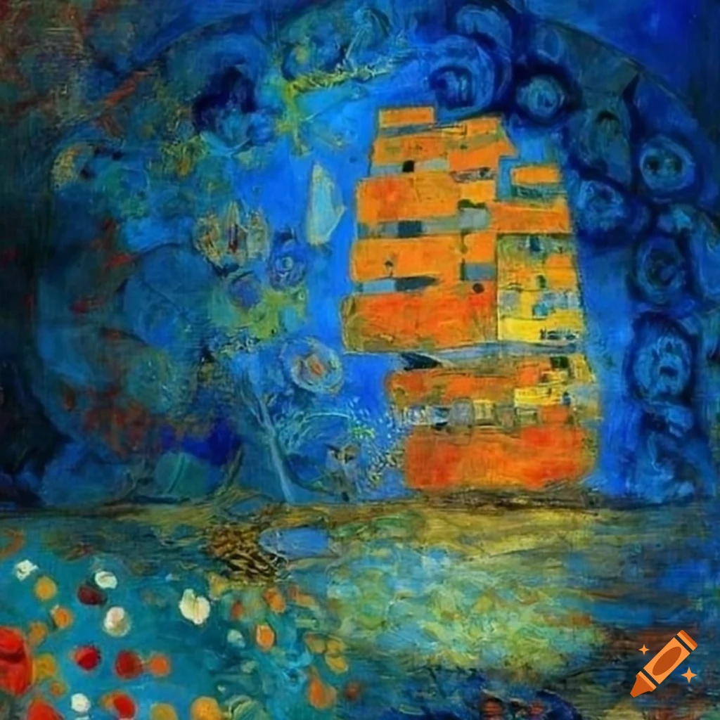 Abstract squares in blue with graphic poppies in yellow and orange