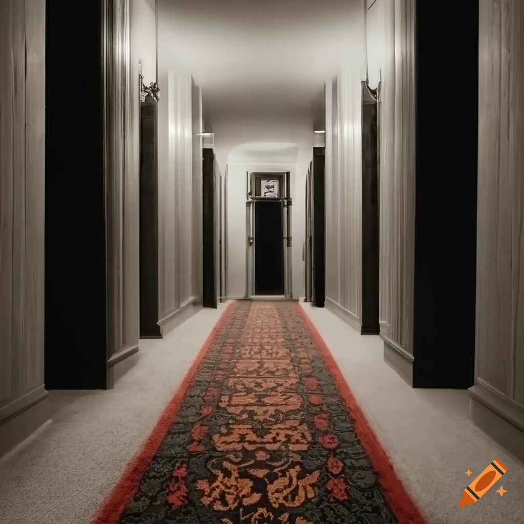 Empty hallway with pillars in a dim basement with sheep-patterned carpet