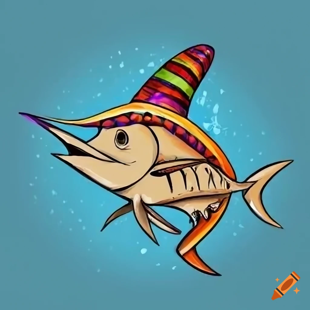 Swordfish wearing a mexican sombrero with a traditional filipino bangka