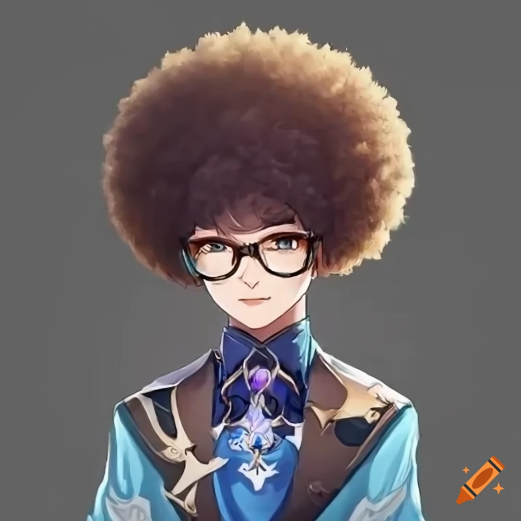 Genshin character with afro, glasses, and jacket in a splash art