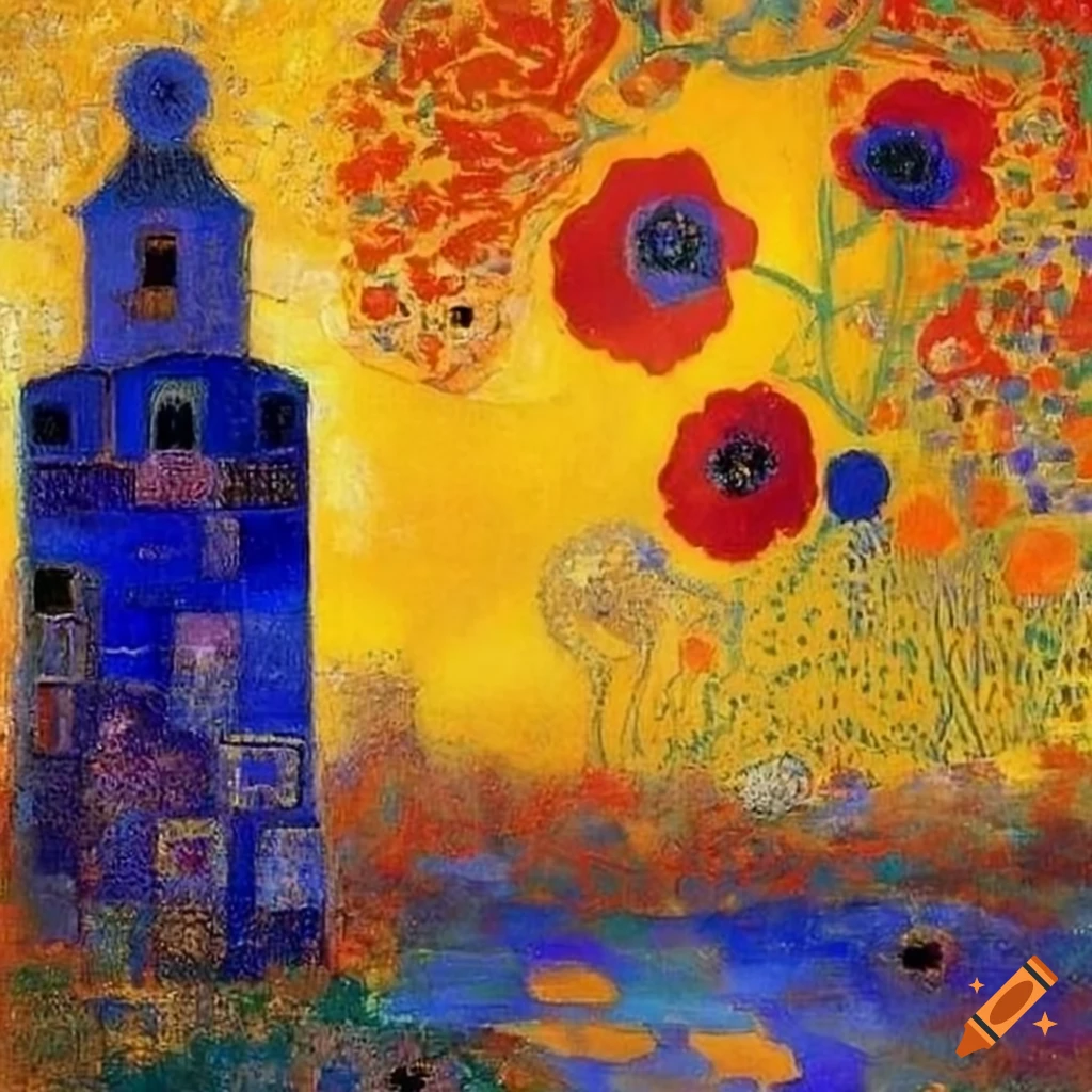 Abstract artwork featuring squares in blue with elements of old towers and poppies