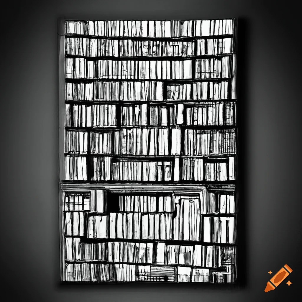 Black and white drawing of the library of babel on Craiyon