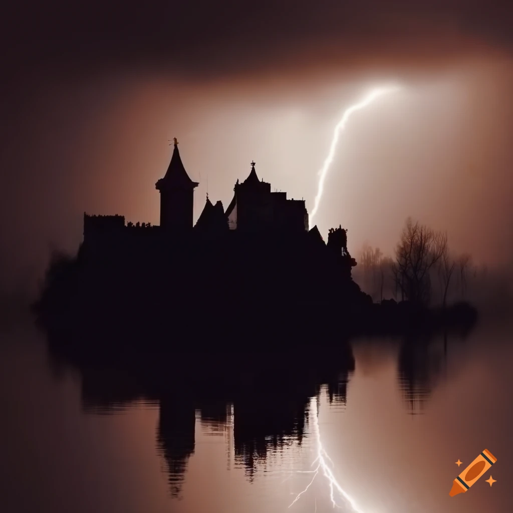 Sepia photograph of lightning striking near a castle in a lake