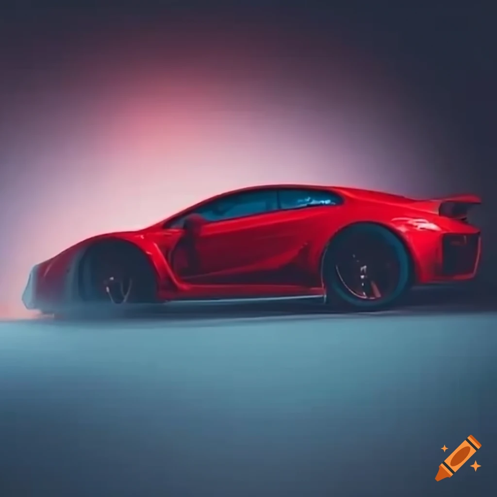 Fast red car drifting smoothly on a curving road