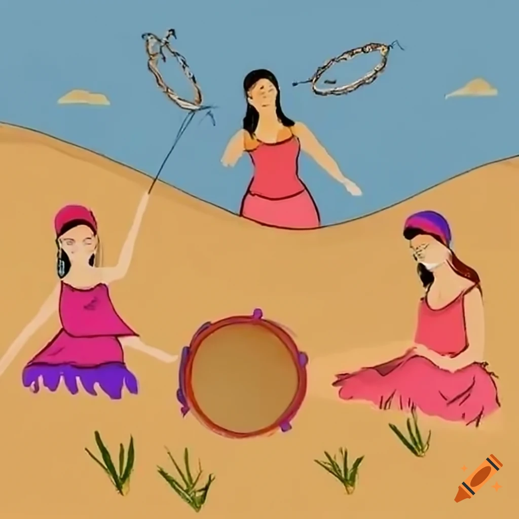Mediterranean women playing tambourines amid sand dunes on Craiyon