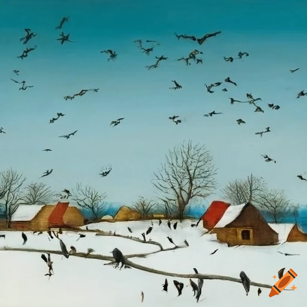 Winter landscape with flying geese and bare trees on Craiyon