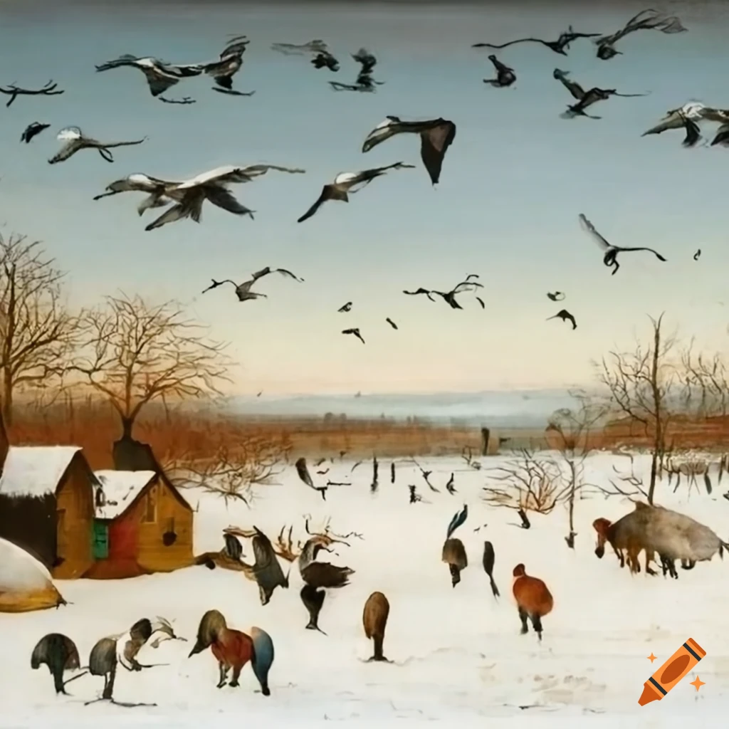 Winter landscape with flying geese and bare trees on Craiyon