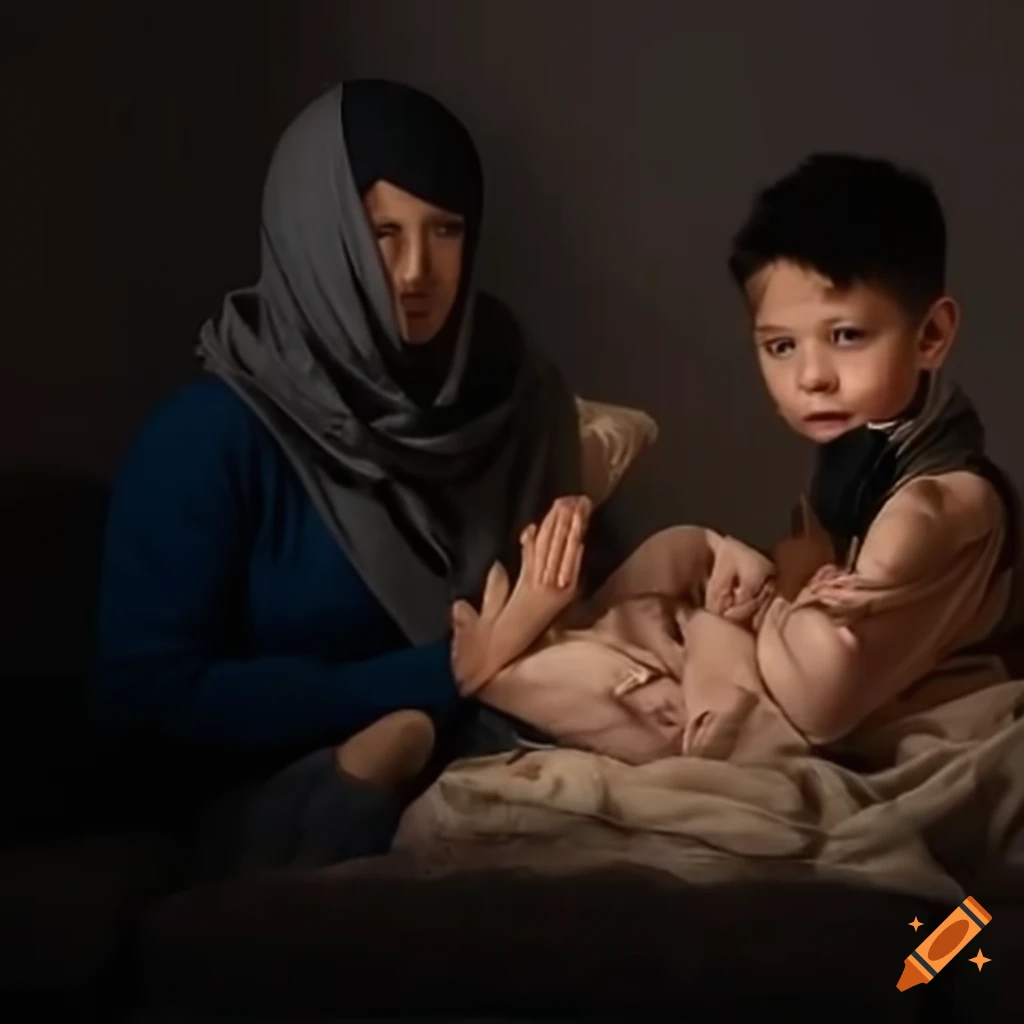 Boy listening to his mother telling a story in an Islamic setting