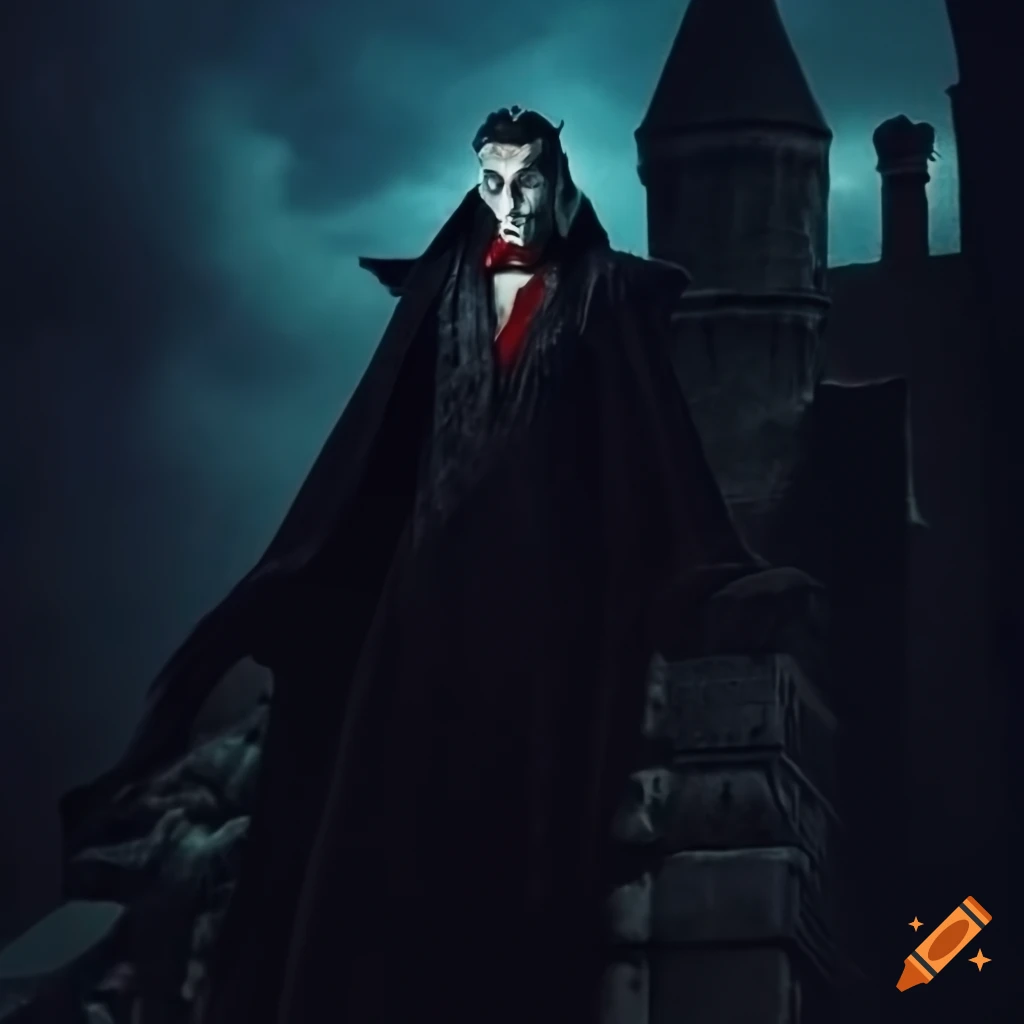 Count dracula on a gothic castle balcony at night with moonlight ...