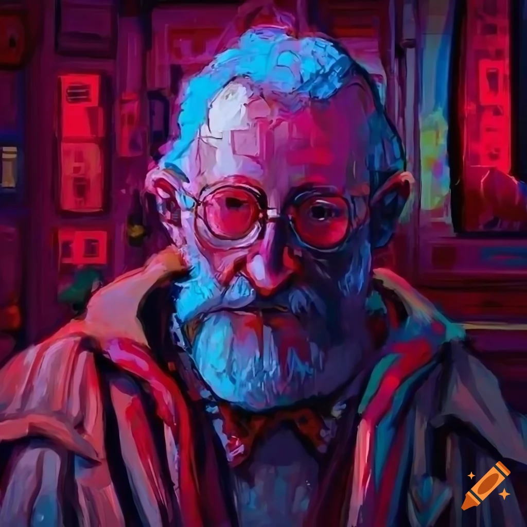 Elderly man reading under neon lights in a Disco Elysium-inspired scene