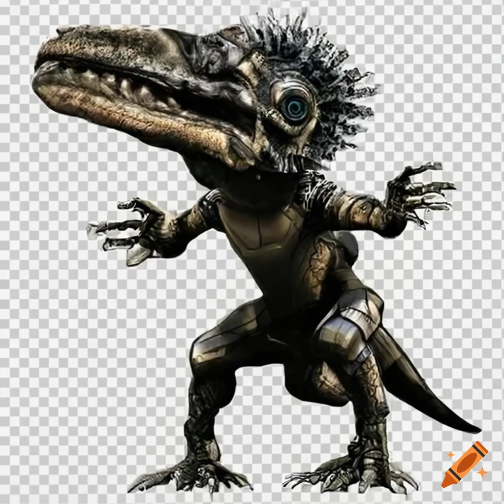 Surrealist cyborg alien dinosaurs with mechanical parts on transparent ...