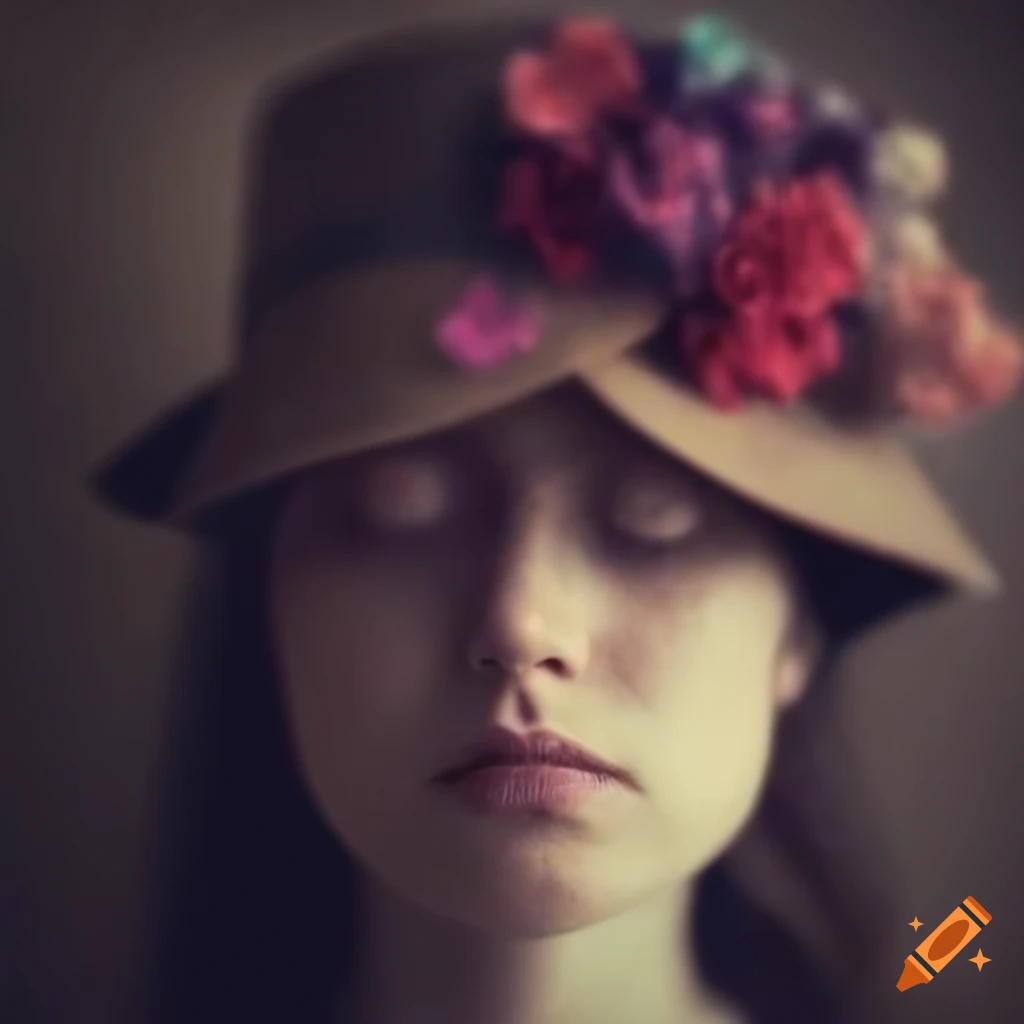 Portrait of a woman with closed eyes in a misty floral hat on Craiyon