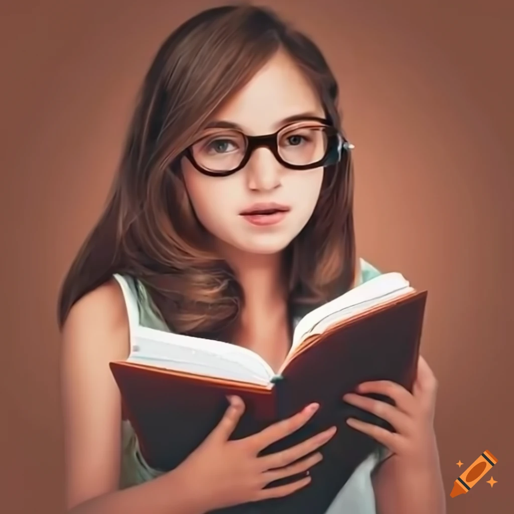 Girl with brown hair and glasses reading a book on Craiyon