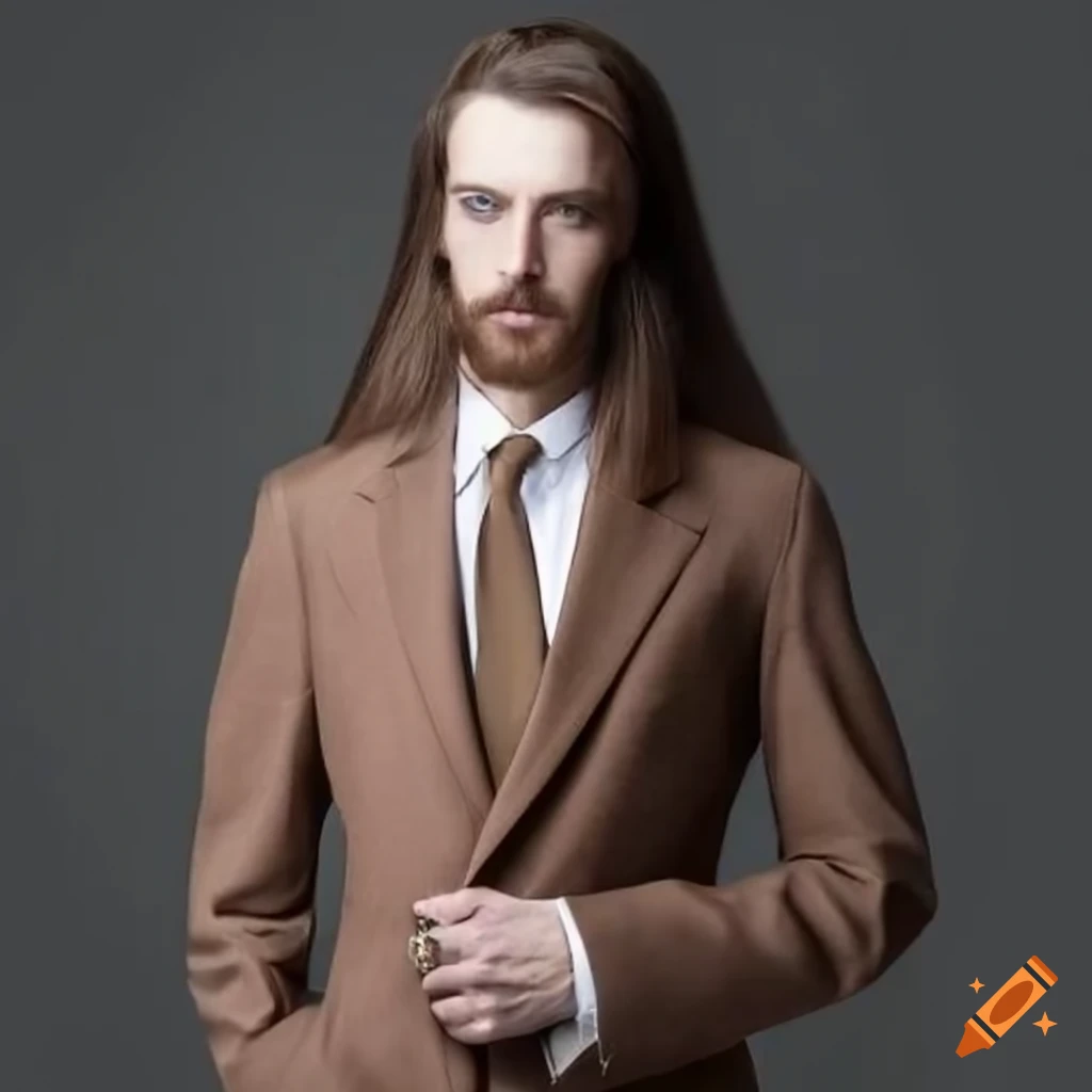 Elegant man in his 40s with long brown hair wearing a suit