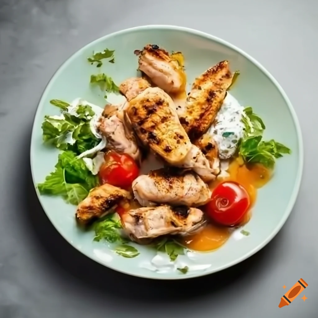 Marinated chicken strips with vegetables, salads, bread, tzatziki