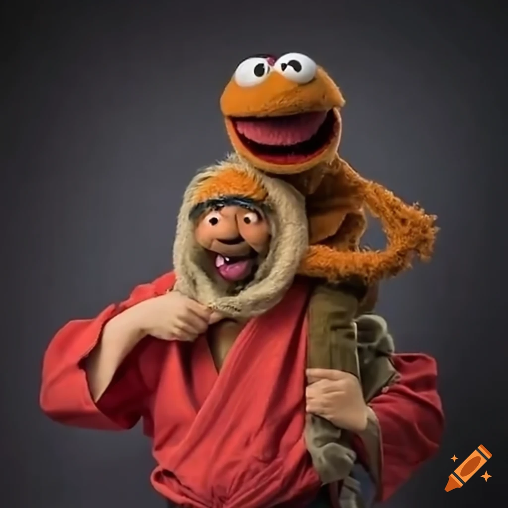 Nxuti gatwa carrying a laughing muppet while vacuuming and karate kicking