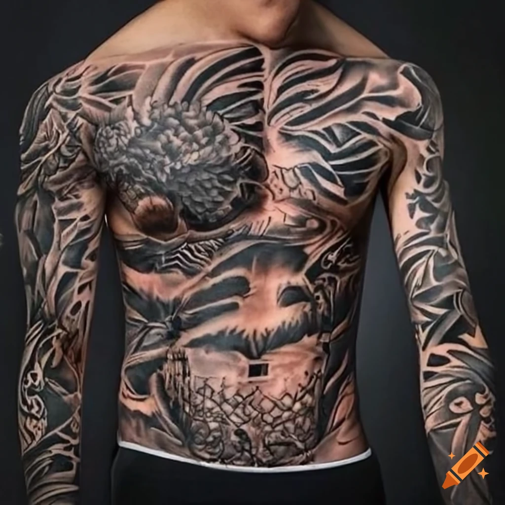 Nature-inspired full sleeve men's tattoo in primarily black ink