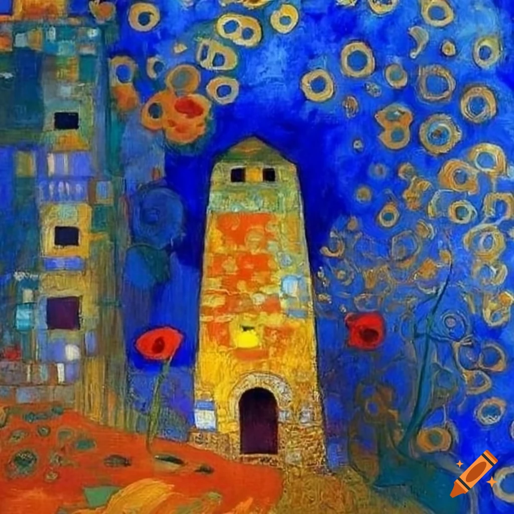 Abstract artwork featuring squares in blue with elements of old towers and poppies