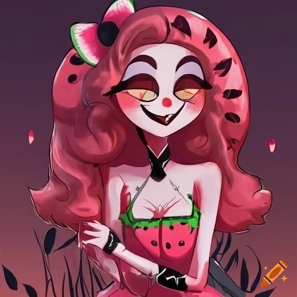 Cute cottagecore watermelon-themed girl from Hazbin Hotel OC