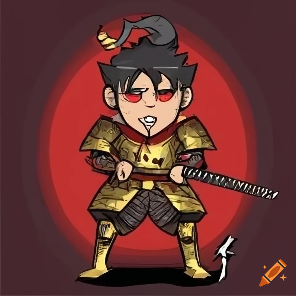 Character in samurai style with dark hair and katana, red and golden ...