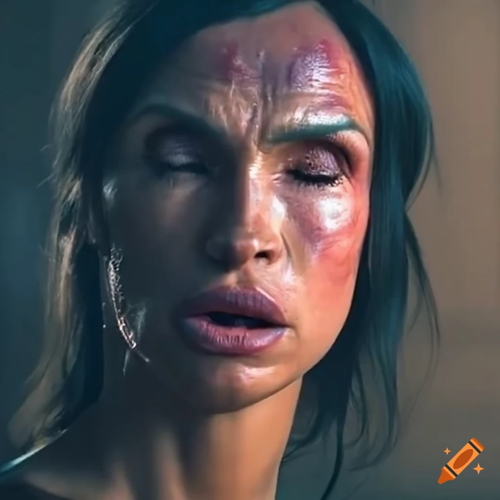 Bruised woman fighter with closed eyes and raised eyebrows in a movie fight scene
