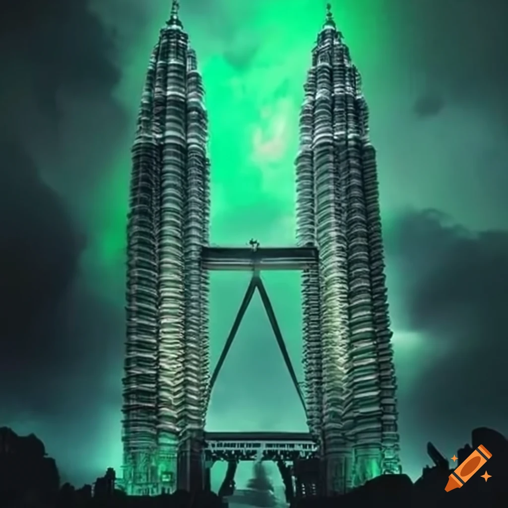 Post-apocalyptic Petronas Twin Towers ruins with flowing green glowing fluids