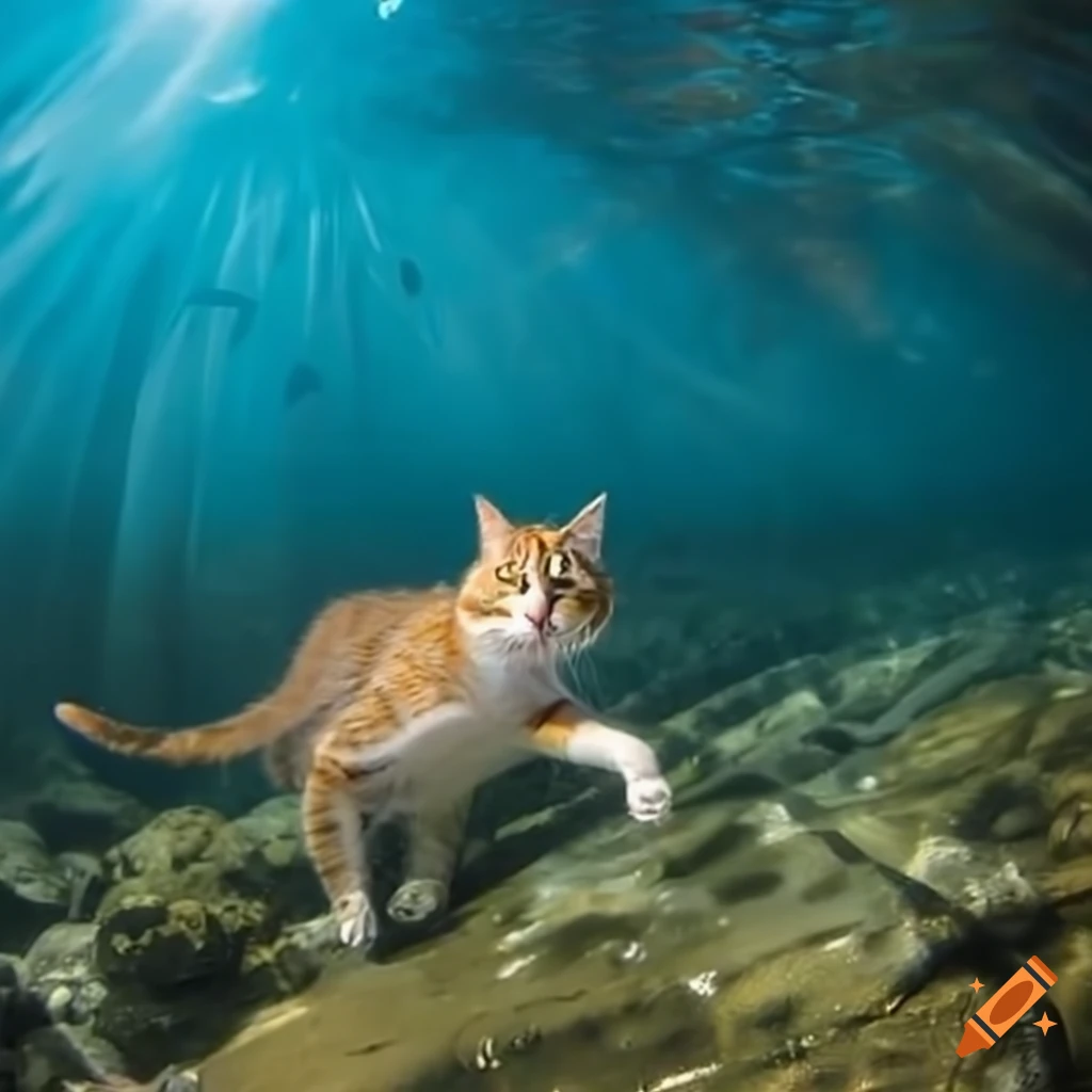Cat exploring the seabed underwater on Craiyon