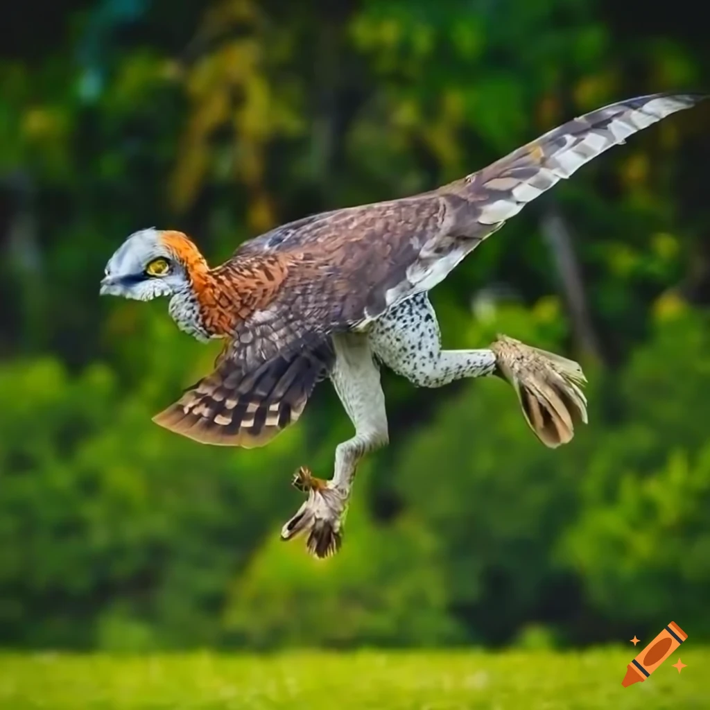 Feathered Utahraptor with owl colors in the wild