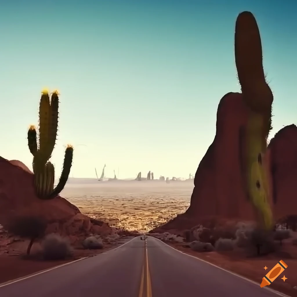 Road trip through barren desert landscape with cacti and approaching mysterious city sign