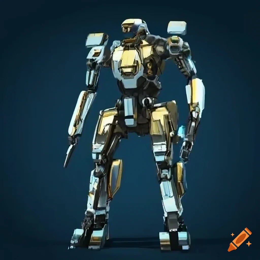 Mecha humanoid sniper with golden color scheme and white cloak