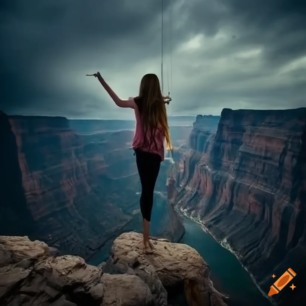 Girl with umbrella standing on a rope over a canyon