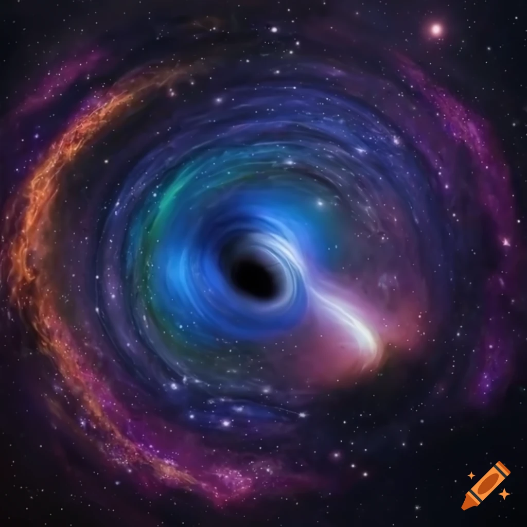 Cosmic realm with a mesmerizing black hole surrounded by shimmering stars on Craiyon