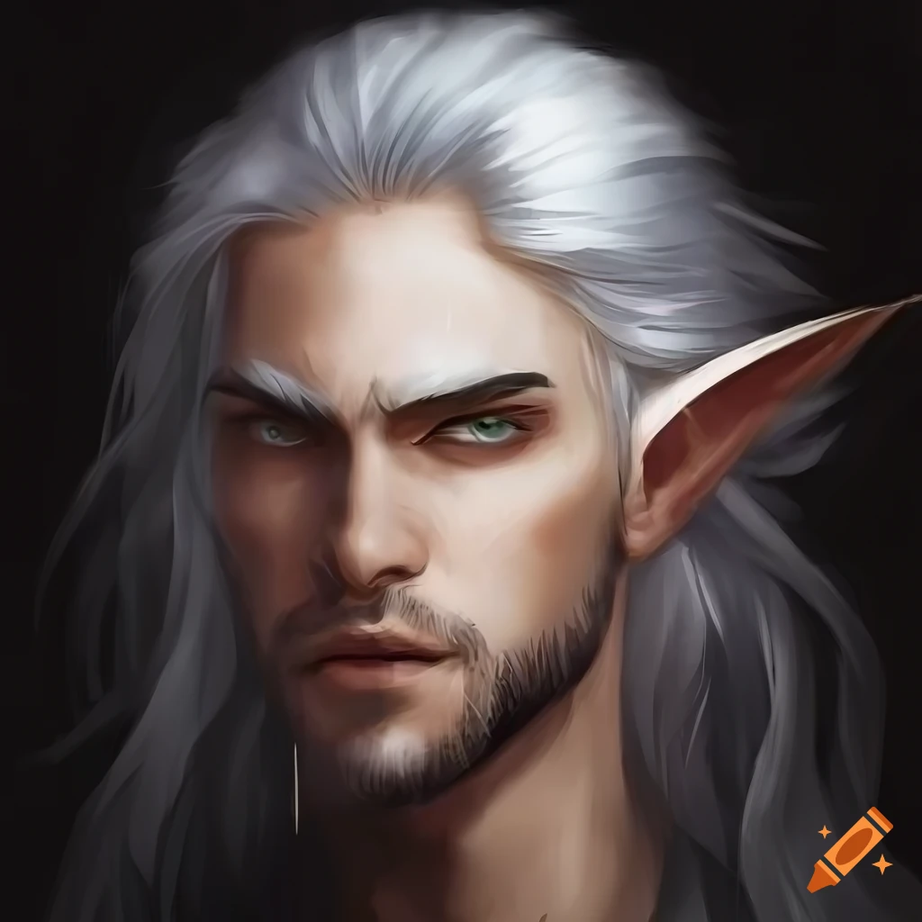 Portrait of a fantasy man with pointy ears, beard, long white hair, and ...